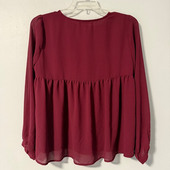 Andree by UNIT Burgundy Embroidered V Neck Babydoll Top Blouse Women's Size L - Picture 7 of 11